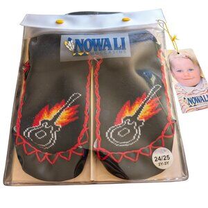 Nowali Toddlers Size 2Y-3Y Black Red Flame Guitar Cotton Leather Sole Moccasins